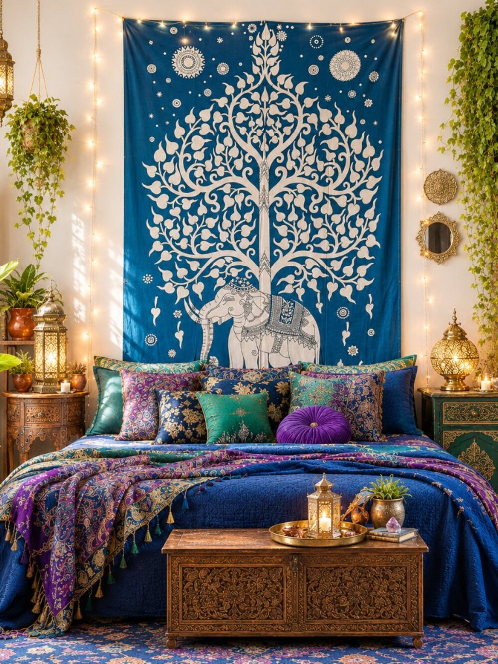 Turquoise Color Tribal Elephant Theme Boho Bohemian Cotton Wall Bed Tapestry NEW